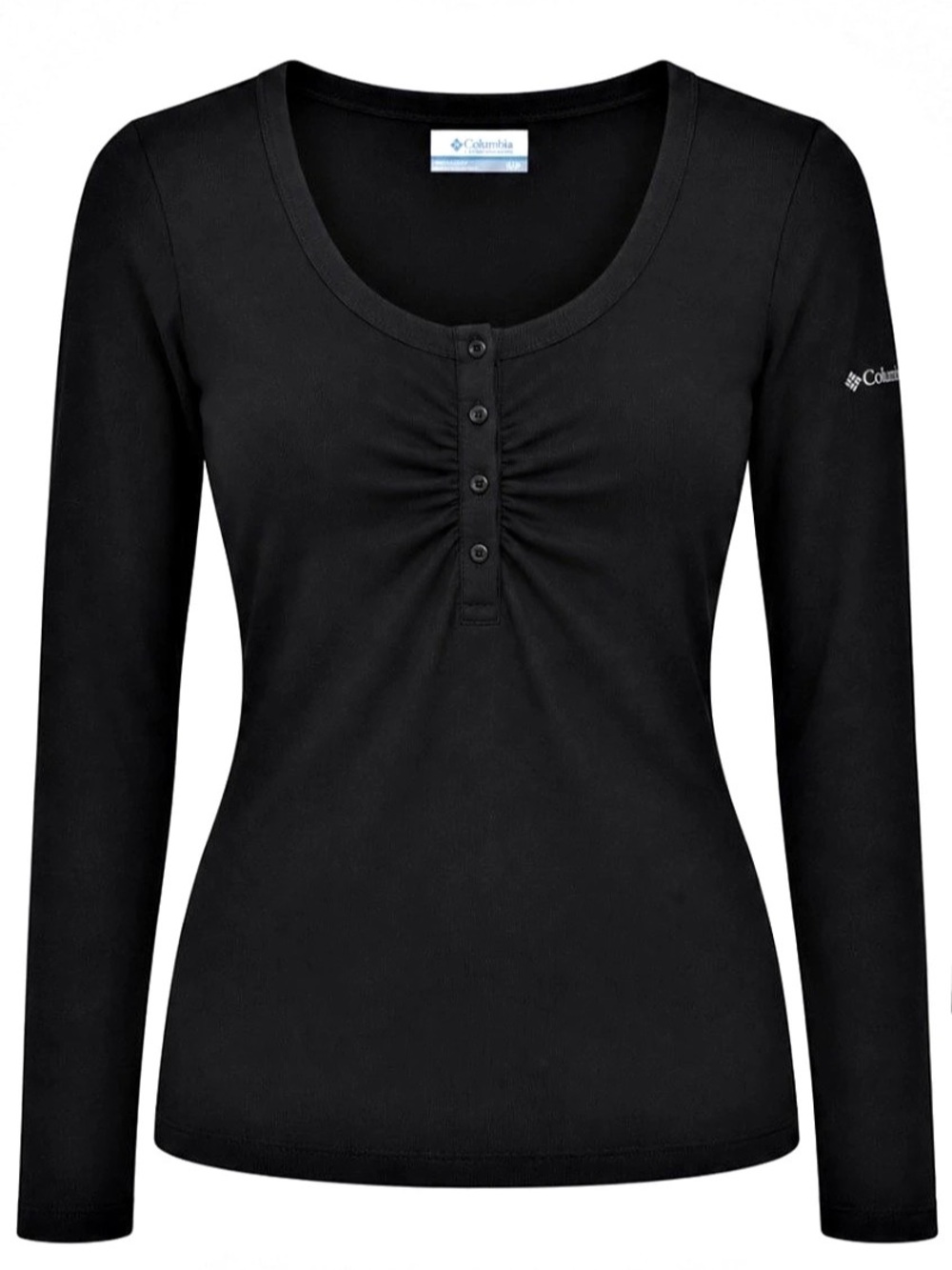 Columbia Black Ruched Henley Long Sleeve Top Size Small